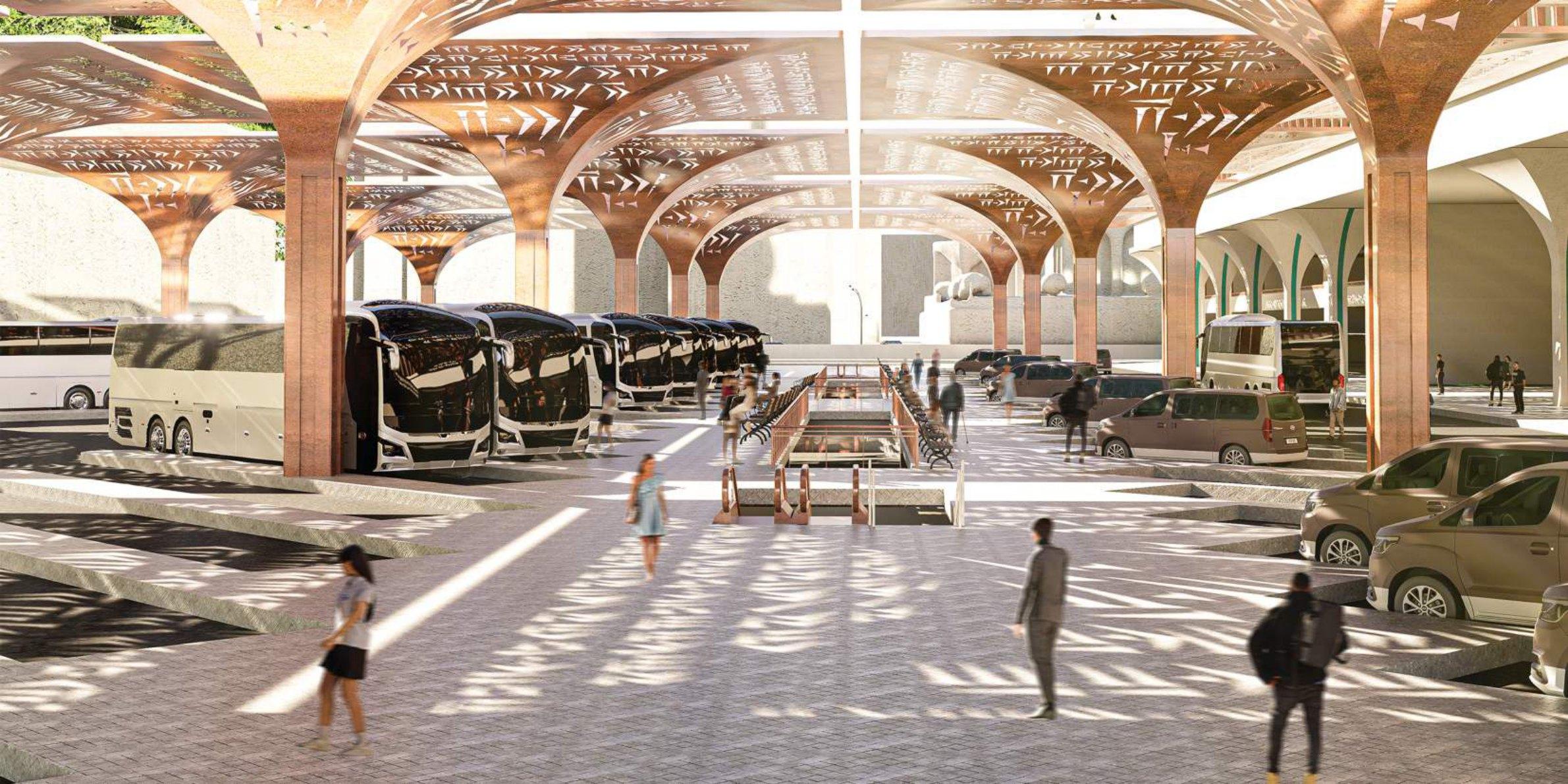 Bus terminal under perforated copper canopies