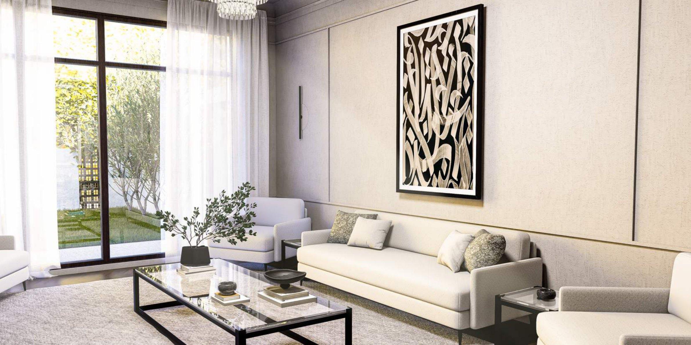 Living room with calligraphy art and garden light