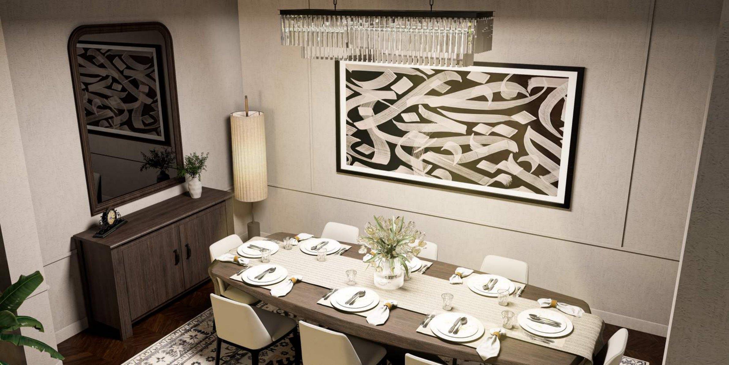Dining table detail with calligraphy canvas
