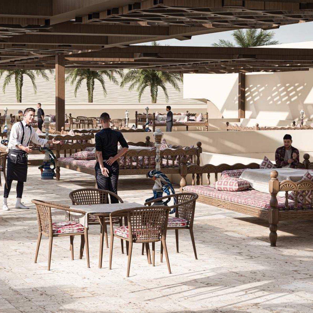 Rooftop cafe with traditional seating
