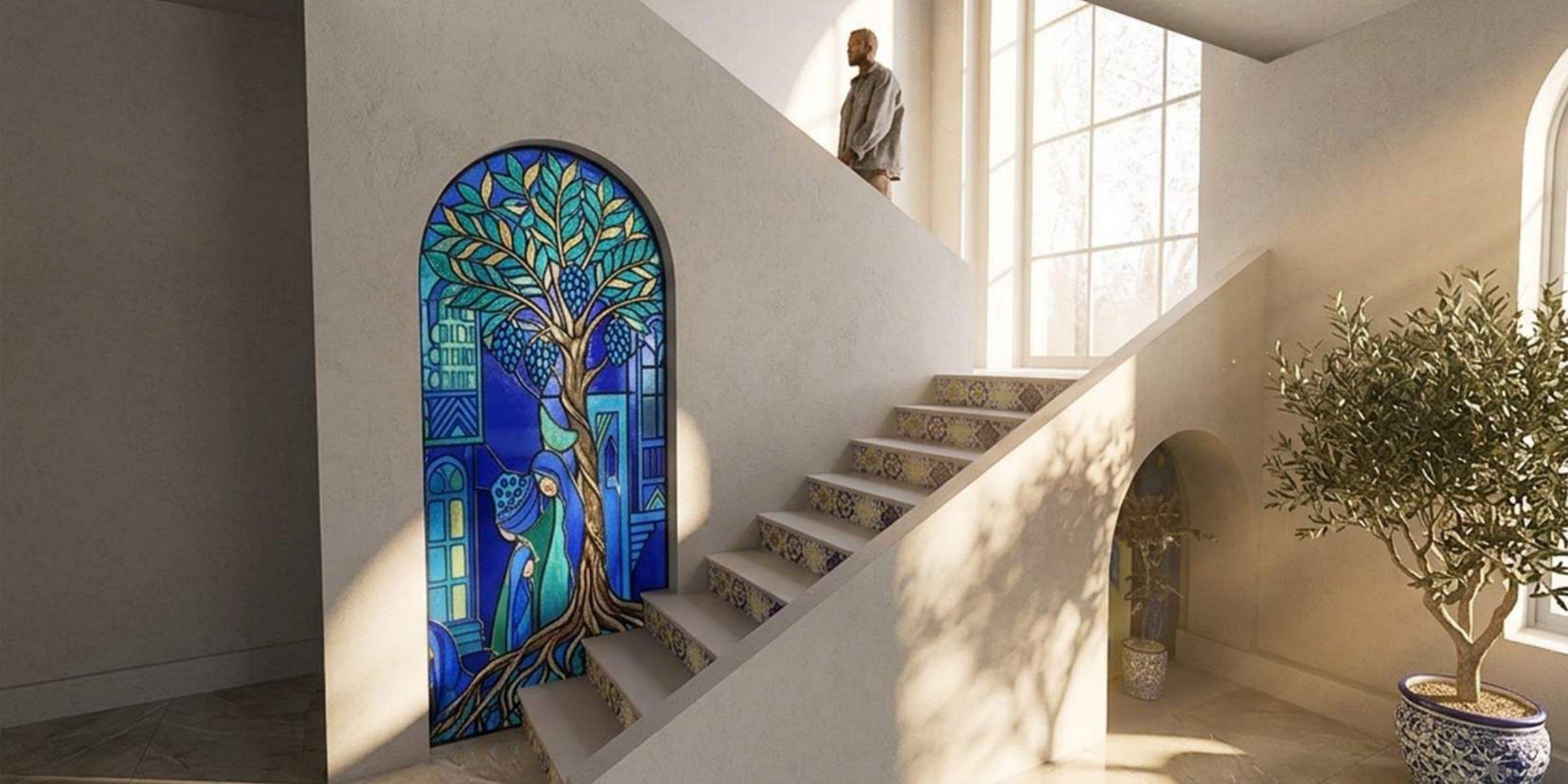 Stair with stained-glass palm window